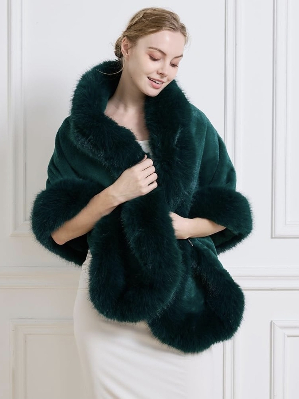 Elegant Dark Green Faux Fur Shawl Wrap